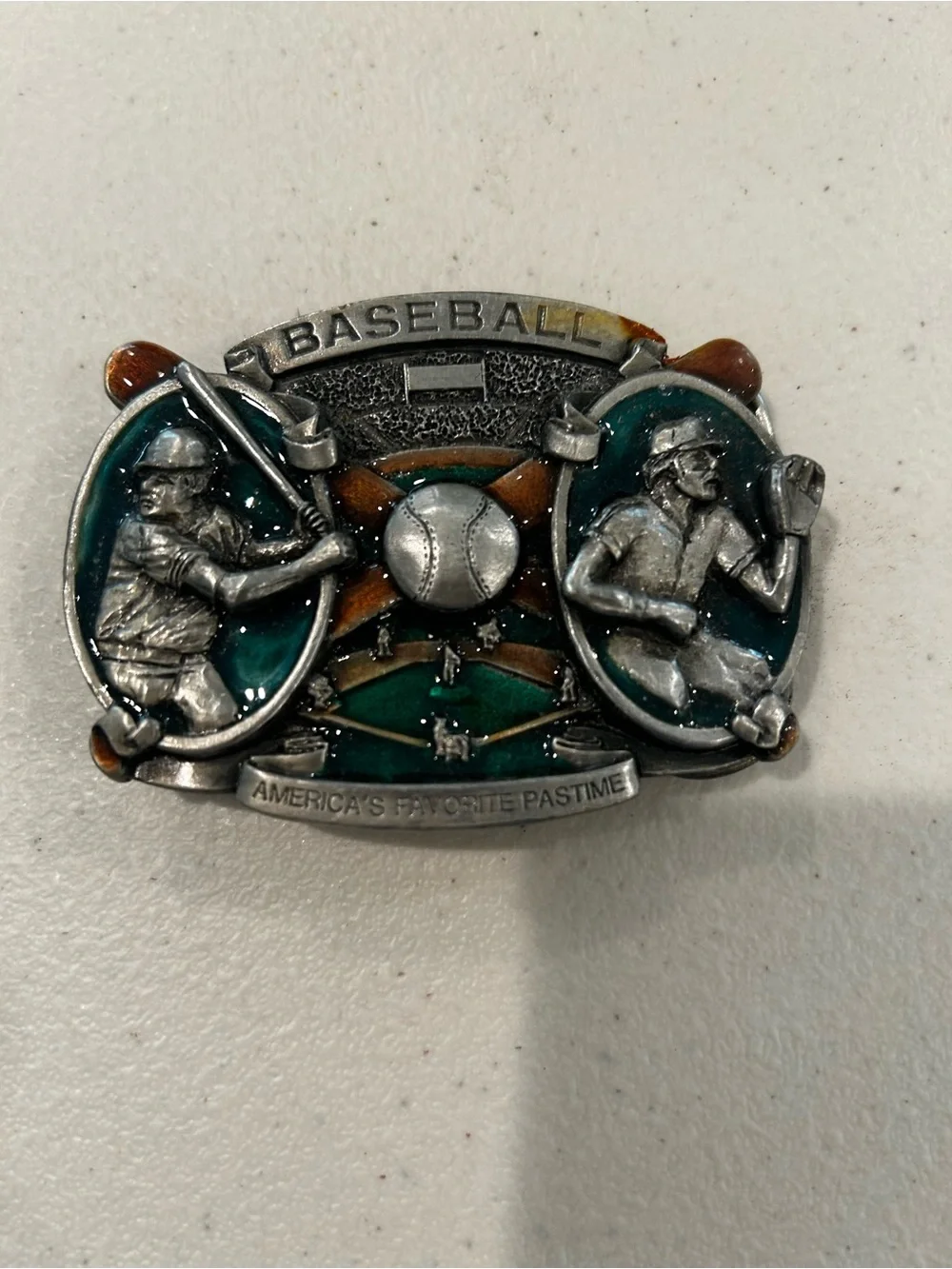 Vintage 1981 Baseball Belt Buckle Pewter Tone America’s Favorite Pastime